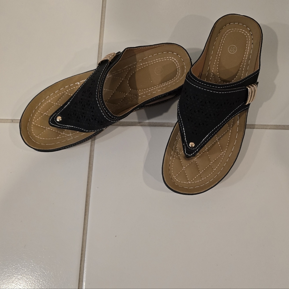 Black and Tan Wedge Sandals